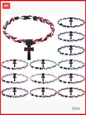 12 Pack Unisex Baseball Necklace with Cross Pendant, 18'' Braided Titanium